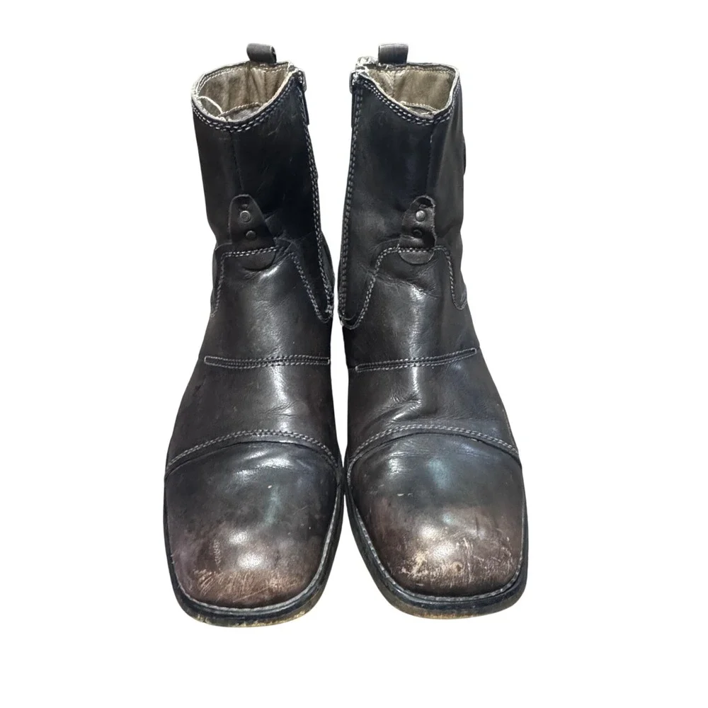 Bed|Stü Men's Brown Leather Engineer Moto Ankle Boots Side Zip Distressed 9.5